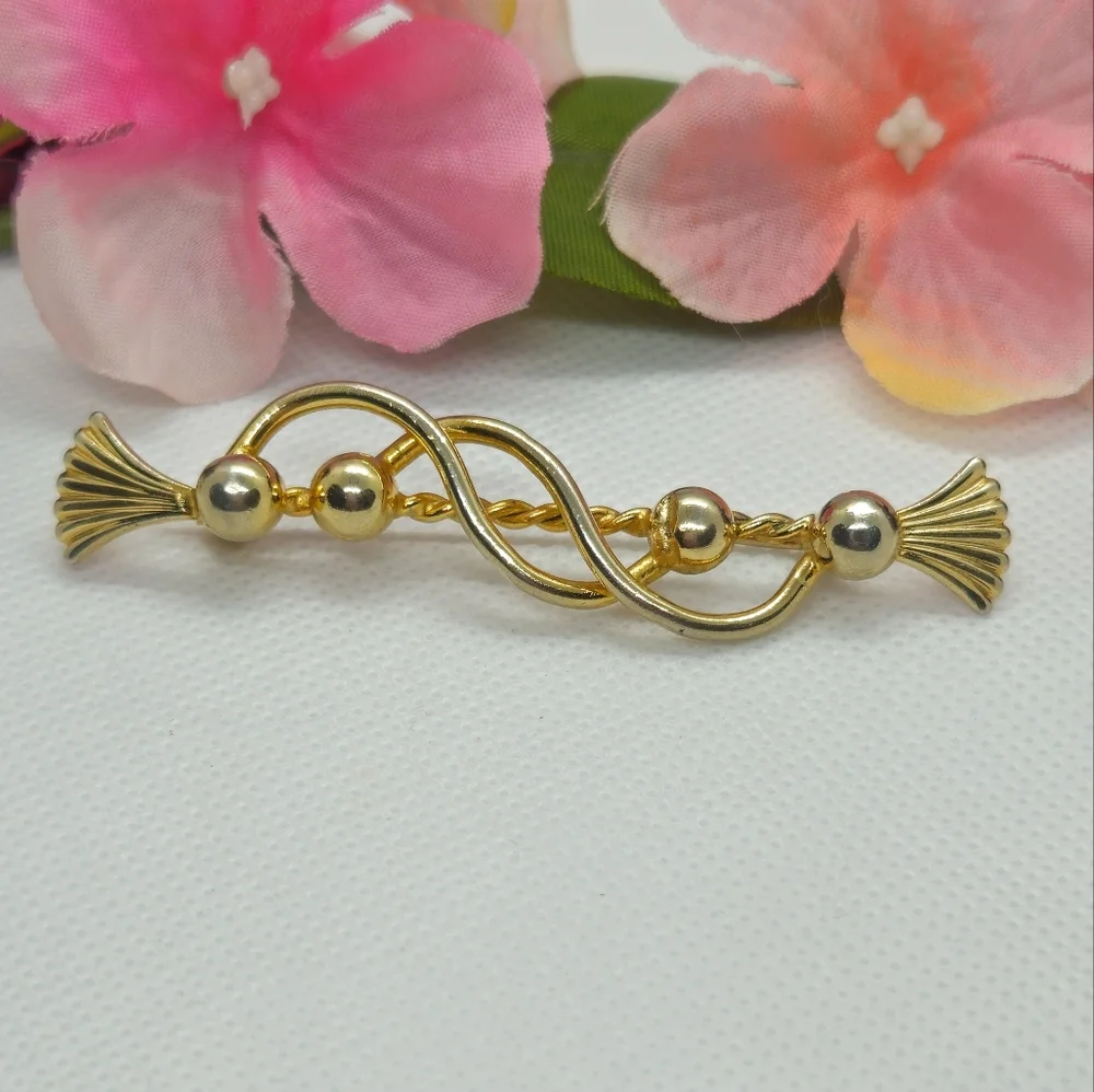 Vintage Gold Tone Swirl & Ball Bar Designer Brooch or Pin